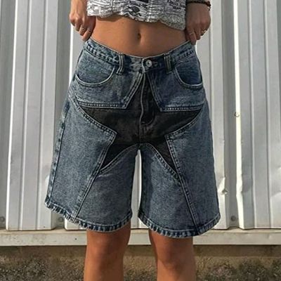 Jeans & Trousers, Y2k Star Printed Denim Jeans Shorts (Jorts)