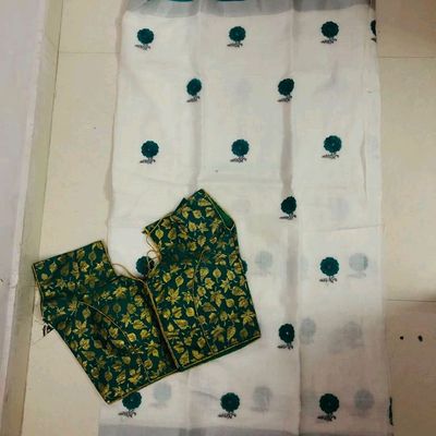 Lemon Green Plain Linen Saree with Silver Border - Loomfolks