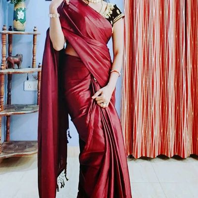 Crimson Red Satin Silk Saree With Handmade Tassels On Pallu – kreationbykj