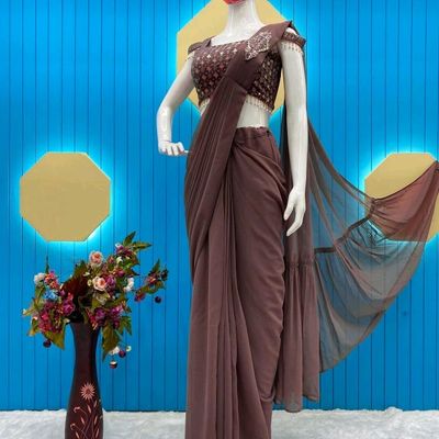 Party Wear Lycra Beige and Brown Readymade Saree | Readymade saree, Saree  designs, Indian beauty saree