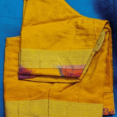 Banarasee Semi-Katan Zari Buta & Contrast Border Saree-Yellow & Blue