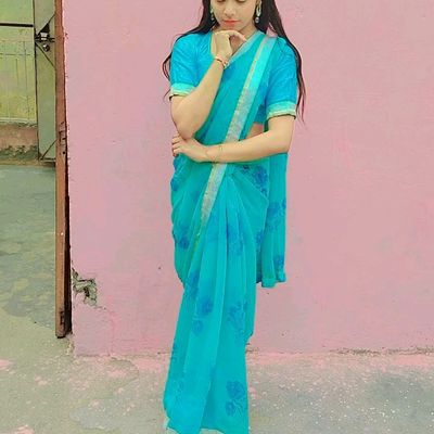 Sky Blue Plain Cotton Saree with Blouse - Loomfolks