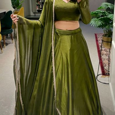 Green Designer Partywear lehenga with croptop and long jacket Bespoke made  to order -