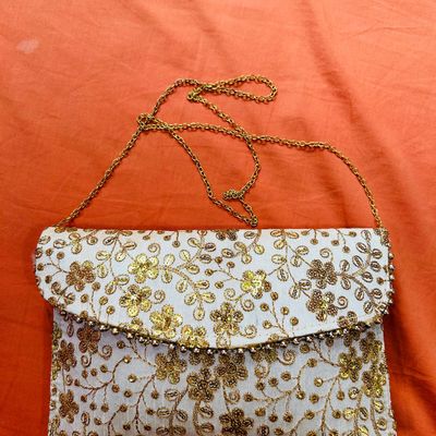 SILVER WITH SILVER COLOR KATDANA BEADED HAND EMBROIDED CLUTCH CUM SLING BAG  - Kaashni Be beautiful - 4123924