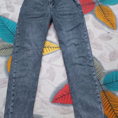 Girls' back worn-out paper bag jeans with fixed belt