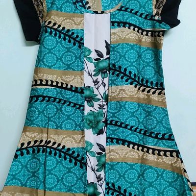 Cotton readymade coat type dress off white and teal blue with allover –  Maatshi