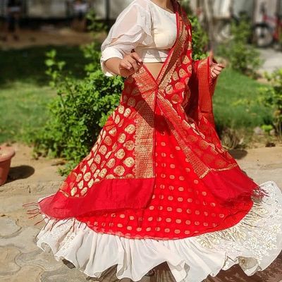 Deep red bridal lehenga paired with floral motif blouse and dupatta set |  Indian fashion, Designer lehenga choli, Bridal lehenga red