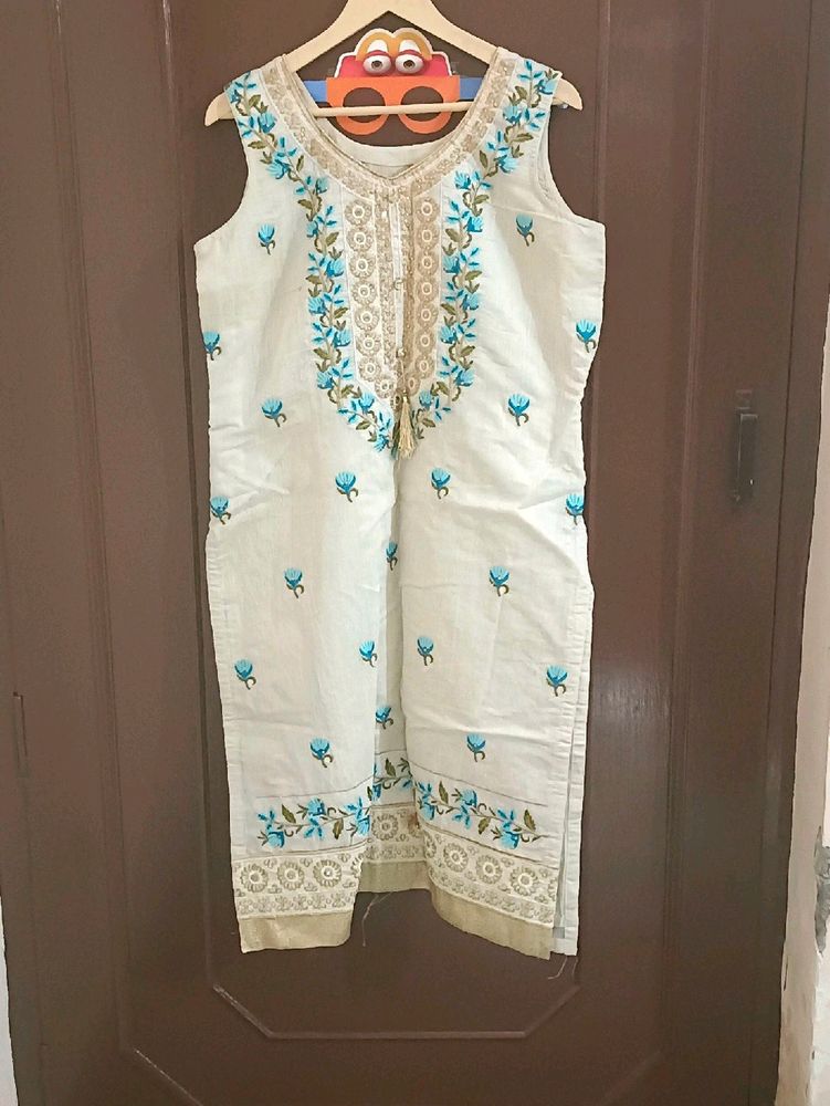 Cream And Blue Embroidered Festive Suit