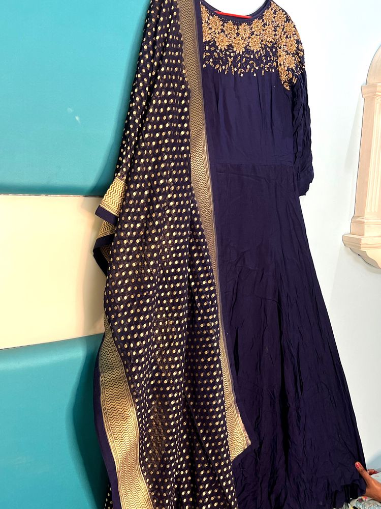 Ethnic Gowns | Navy Blue Anarkali Gown with dupatta | Freeup